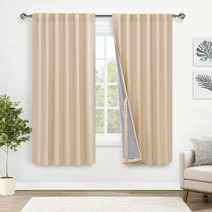 XWZO 100% Blackout Curtain Panels - Rod Pocket & Back Tab Thermal Insulated, Noise Reducing and Heat Blocking Drapes for Hall and Studio Windows with Tiebacks, Biscotti Beige, W52 x L63, Set of 2