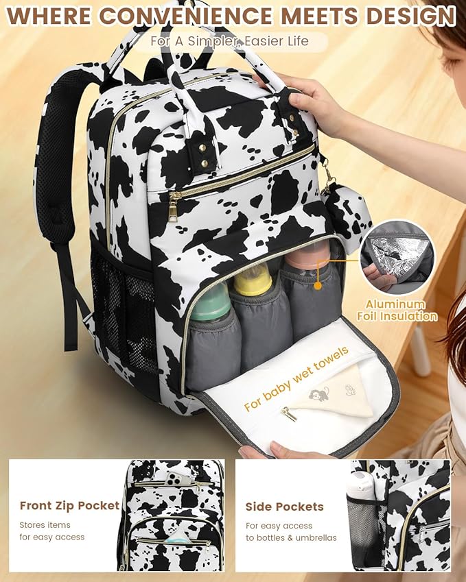 Diaper Bag Backpack,Baby Essentials Diapers Bag with Pacifier Case,Multipurpose Stylish Large Capacity Travel Backpack for Baby Girl/Boy(M-Cow Print)