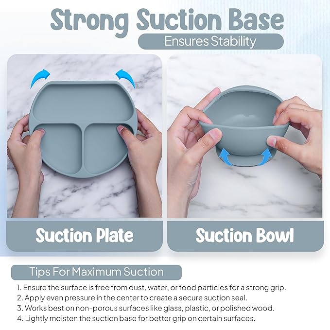 O'doe 17-Piece BPA-Free Silicone Baby Feeding Set | Thick & Soft Suction Plates, Baby Bowls, Wooden Fork & Spoon, and More | Make Mealtime Fun and Easy for Your Little One (Blue, V2)