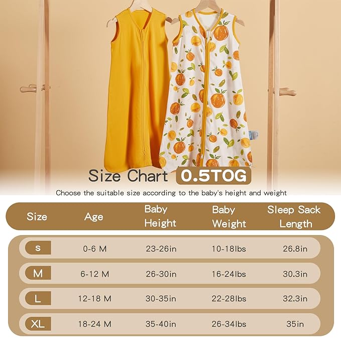 TILLYOU 2 Pack Baby Sleep Sack 18-24 Months 100% Cotton Wearable Blanket 0.5 TOG Sleeveless Summer Sleep Sacks with 2-Way Zipper, Orange Flavour & Orange