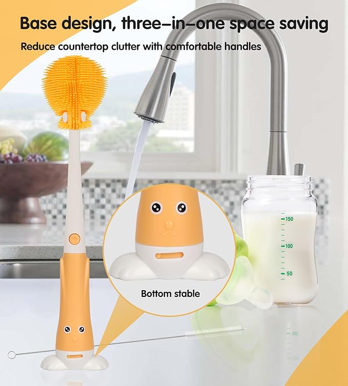 FURNIPLAS 3-in-1 Bottle Cleaner Brush Kit, Long Handle Silicone Baby Bottles Cleaning Brush Set, 360° Flexible Multifunctional Water Bottle Washer for Baby Bottles, Breast Pump, Spout, Nipple & Straw