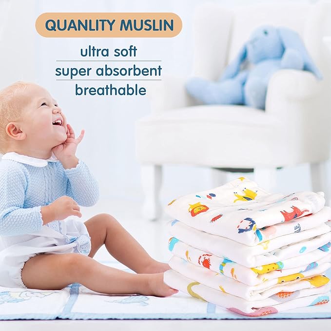 Tatuo 10 Pack Muslin Baby Burp Cloth Soft Washcloths 20'' x 10'' 6 Layer Soft Absorbent Newborn Rags Towel for Baby Shower Boys Girls Machine Washable for Sensitive Skin(Animal Pattern)