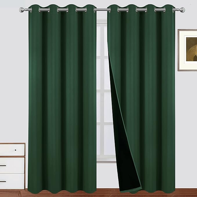 LEMOMO 100% Blackout Curtains 52 x 84 Inch/Dark Green Curtains Set of 2 Panels Thermal Insulated Room Darkening Living Curtains