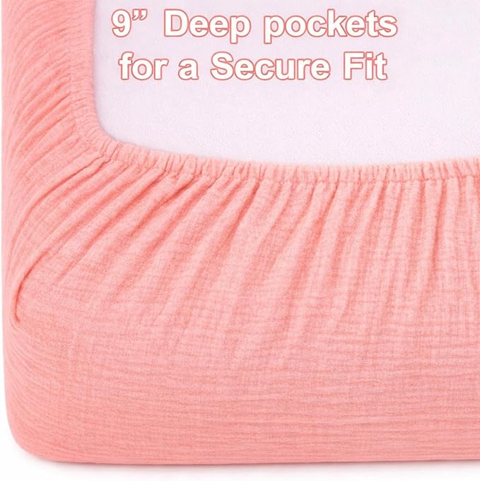 PET REJOIR 2 Pack Blush Muslin Crib Sheets for Boys & Girl- Neutral Breathable Cotton Crib Mattress Sheets Fitted for Standard 28"x 52"- Nursery Décor No Slip Crib Bed Sheets