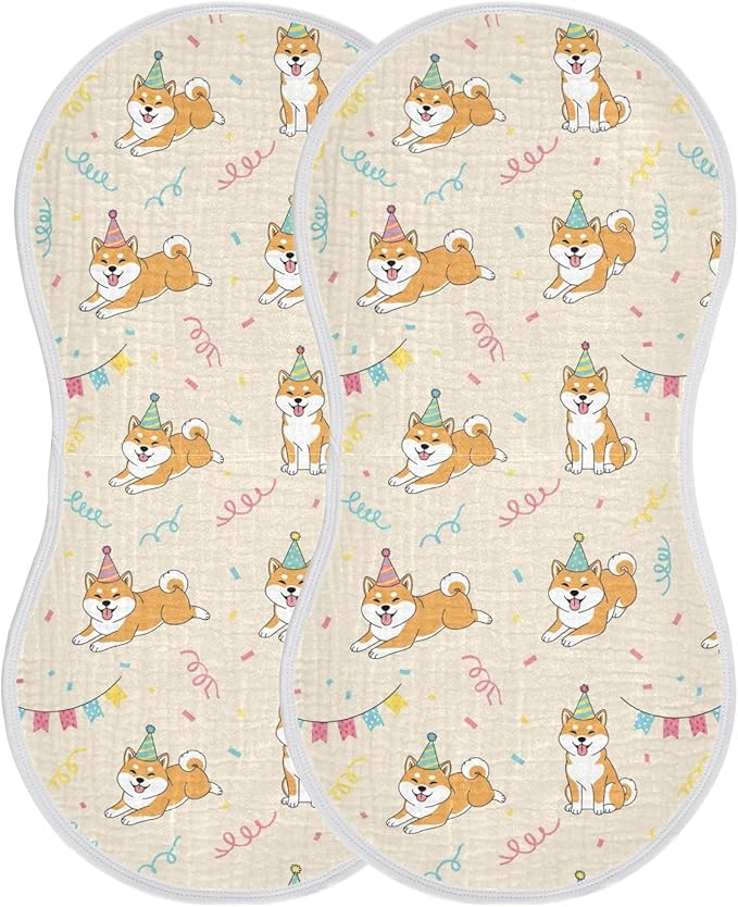 Qinllo 2 Pack Muslin Burp Cloths Shiba Dogs Party Beige Cotton Baby Burp Cloths Extra Absorbent and Soft Burping Cloth for Baby Boys Girls 22x11 Inch