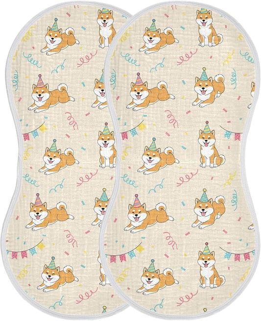 Qinllo 2 Pack Muslin Burp Cloths Shiba Dogs Party Beige Cotton Baby Burp Cloths Extra Absorbent and Soft Burping Cloth for Baby Boys Girls 22x11 Inch