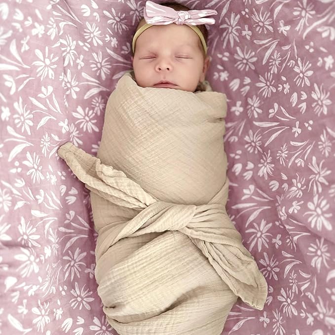 LifeTree Swaddle Blankets Baby Girl, 2-Pack Super Soft 70% Viscose Bamboo and 30% Cotton Muslin Swaddles Blankets (Large 47" x 47"), Mauve Floral & Blush Leopard Pattern, Newborn Baby Registry