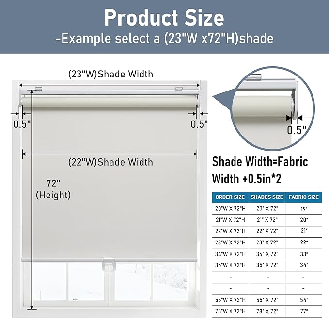 AOSKY Cordless Roller Shades Blackout Blinds for Windows Room Darkening Rolled Up Shades with Spring System, UV Protection Window Shades Door Blinds for Home and Office (35.5" W x 72" H, Ivory White)