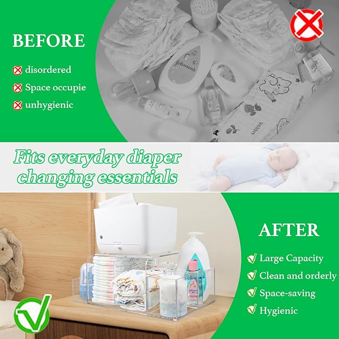 Acrylic Diaper Caddy, Baby Wipes Organizer for Changing Table, Dresser Top Tabletop Organizer with 4 Detachable Compartments, Anti-slip Rubber Feet, Newborn Baby Essentials, Clear