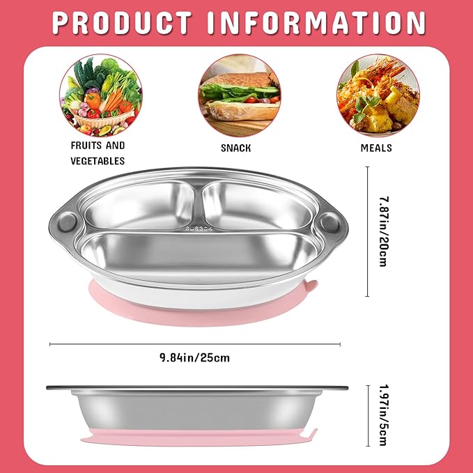 Mrs. Chou Stainless Steel Baby Suction Plates: Divided Plates for Babies and Toddlers, Made of 100% Food-Grade Materials Ideal for Baby-Led Weaning BPA-Free Toddler Feeding Dishwasher Safe PINK