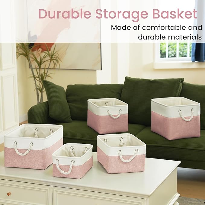 Storage Baskets for Shelves 11.8x7.9x5.2 Inch, Foldable Fabric Storage Bins with Handles, Small Storage Baskets for Organizing Closet, Office, Home Organization (6-Pack, White&Pink)