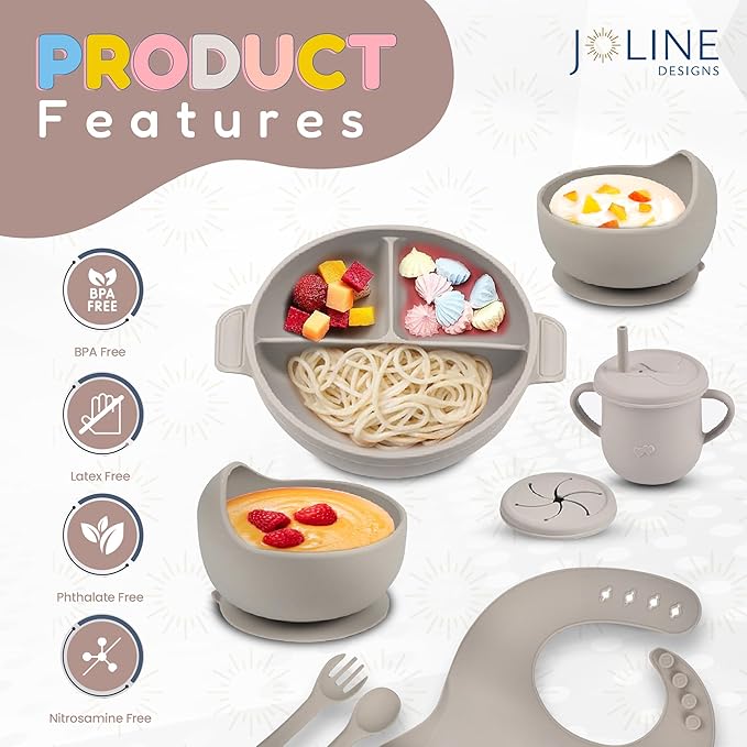 Joline Designs Silicone Baby Feeding Set - Perfect silicone plates for baby & Toddler Plates with lids, Baby Bowls with Suction, Baby Utensils - Baby Led Weaning Supplies & Eating Essentials - (Gray)