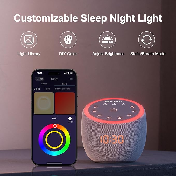 Hotmoon Sound Machine 388 Soothing Sounds White Noise Machine for Babies & Adults, Smart Night Light, Sleeping Timer App Control, Brown Noise Pink Noise Block Out Office Yoga, Plug-in