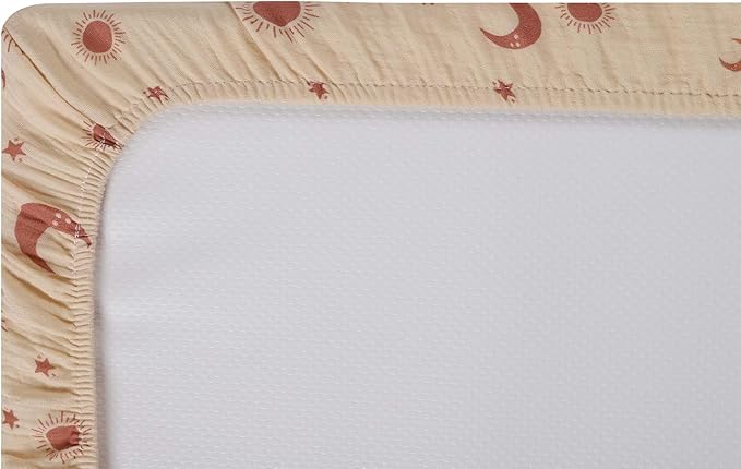 Onacosht Muslin Mini Crib Sheets, 39" x 27" Pack and Play Mattress Sheets Fitted for Pack N Play, Soft Cotton for Boys Girls, 2 Pack, Light Brown and Moon