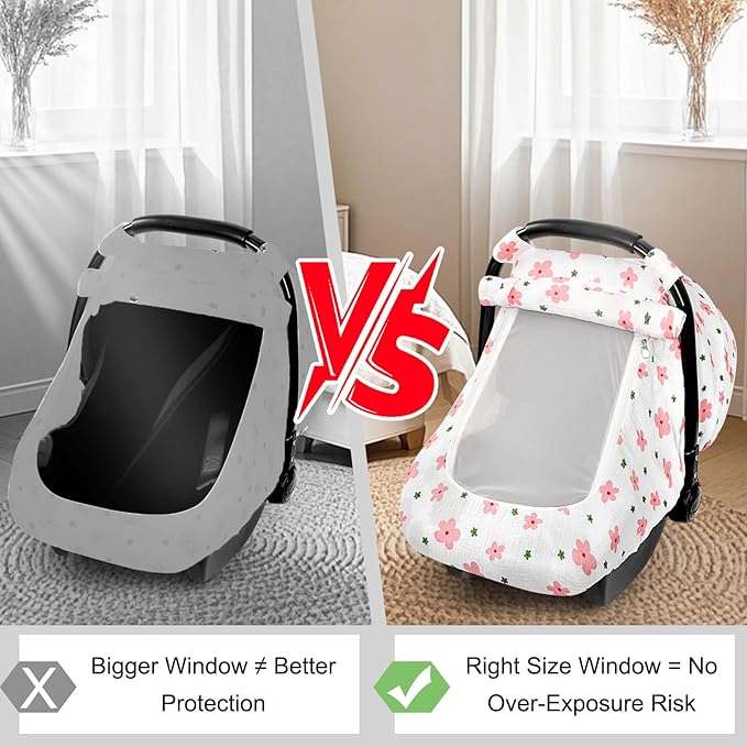 Hooyax Muslin Car Seat Cover Baby - Breathable and Privacy Car Seat Canopy with 3 Modes - Easy Install & Gift Box Packaging, Universal Fit for Infant Car Seats, Pink Flower