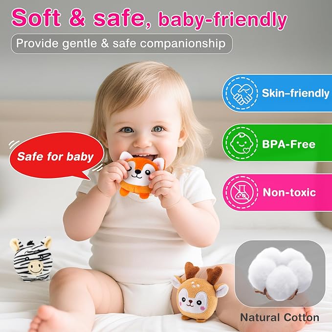 Montessori Sensory Toys for Babies 6-12 Months & Toddlers 1-3 Year Old - Educational Stuffed Animal Set with Rattle, Crinkle & Safe Mirror for Baby Kids & Boy Girl Birthday Gifts