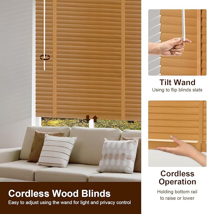 2" Cordless Wood Blinds for Indoor Windows Custom Blackout Blinds Room with Privacy Protection, Cordless Wooden Horizontal Window Shades for Bedroom, Living Room, Office, Bathroom, Kitchen