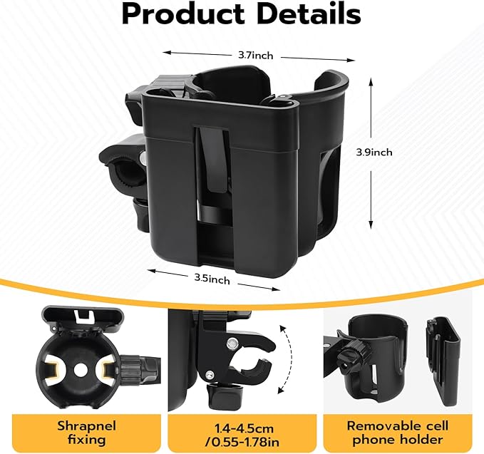 2pc Stroller Cup Holder with Phone Holder, Removable 2-in-1 Drink Holder for Golf Cart Accessories, 360 ° Rotatable Bottle Holder for Wheelchair, Stroller, Bicycle,Scooter, Walker