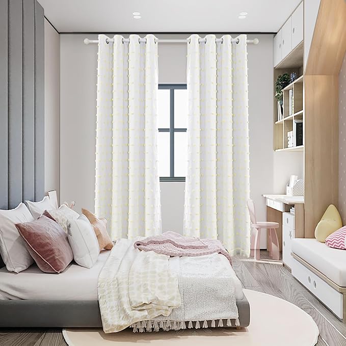 MYSKY HOME 100% Blackout Curtains for Kids Bedroom Thermal Insulated 95 Inch Length Nursery Curtains 2 Panels Grommet Light Filtering Yellow Pom Pom Sheer Drapes Double Layers Dining Room, 52W x 95L