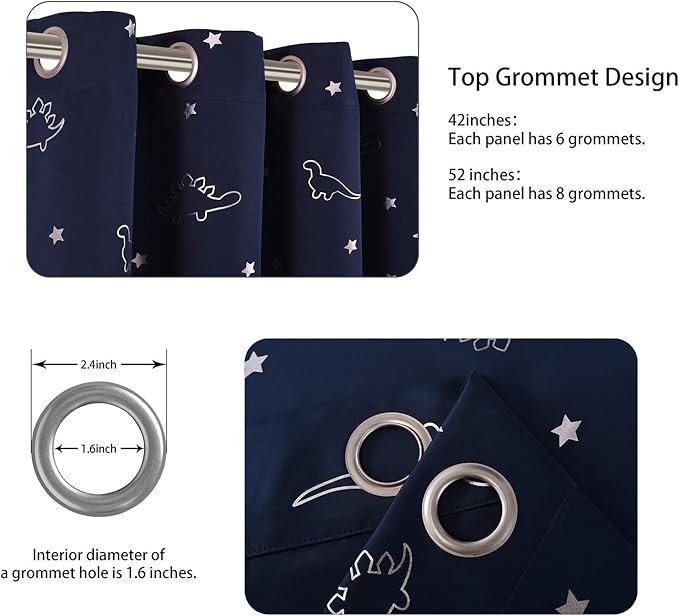 LORDTEX Dinosaur and Star Foil Print Blackout Curtains for Kids Room - Thermal Insulated Curtains Noise Reducing Window Drapes for Boys and Girls Bedroom, 52 x 45 Inch, Navy, Set of 2 Panels