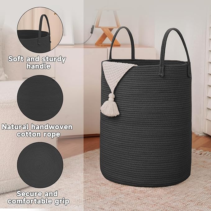 Large Woven Laundry Basket Hamper,60L Cotton Rope Storage Bin for Blankets,Toys and Clothes,Decorative Tall Nursery Hamper for Living Room,Baby Nursery,Bathroom and Bedroom,Black