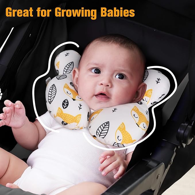 KAKIBLIN Baby Neck Pillow, Upgraded Baby Support Pillow for Head and Neck, Babies Head Pillow for Car Seat, Pushchair,Travel(Yellow Fox)