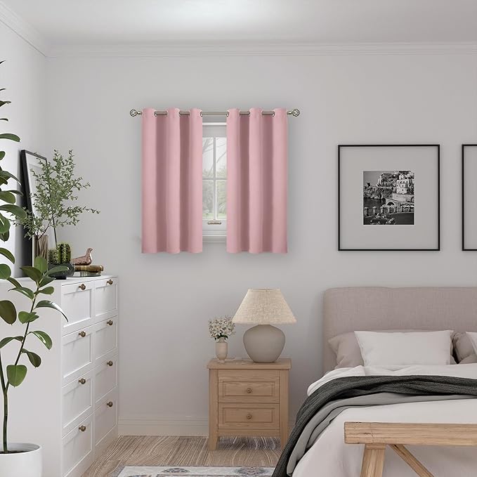 BGment Short Blackout Curtains for Bedroom 45 Inch Length, Full Room Darkening Thermal Insulated Soundproof Grommet Girls Kids Curtains for Nursery, Each Window Curtains 42 Inch Wide, Baby Pink