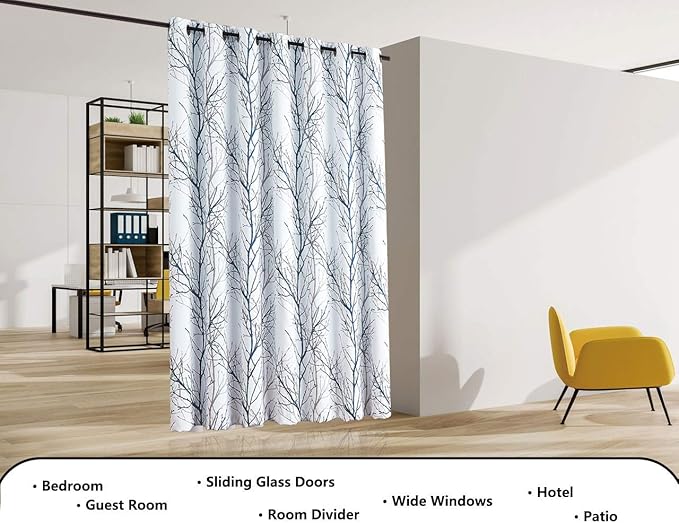 FMFUNCTEX 100% Blackout Patio Sliding Glass Door Curtains 84 Inch Long for Bedroom, Blue Grey on White Tree Branch Patterned Drapes for Living Room Divider, Extra Wide Thermal Insulated Panels