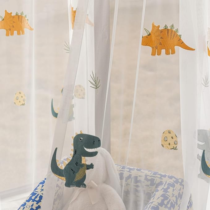 KMSG Cartoon Dinosaur Sheer Kids Curtains Embroidery Voile Drapes Nursery Curtains for Children Boys Baby Bedroom Living Room Light Filtering Window Tratement Grommet Top 1 Panel W78 x L102 Inch