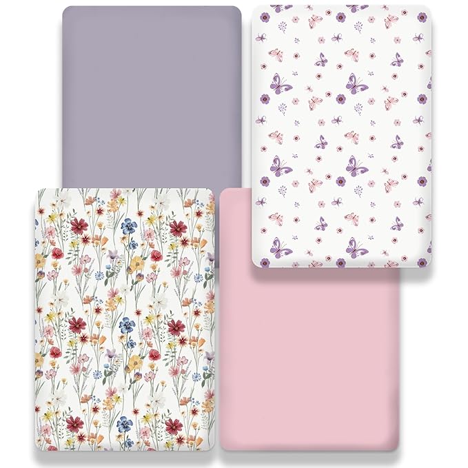 Bimocosy Pack and Play Sheets Fitted 4 Pack, 38 x 26 Inch Pack n Play Mini Crib Sheets for Boys and Girls, Soft Stretchy Playard Mattress Sheets for Graco Pack n Play, Butterfly Meadow