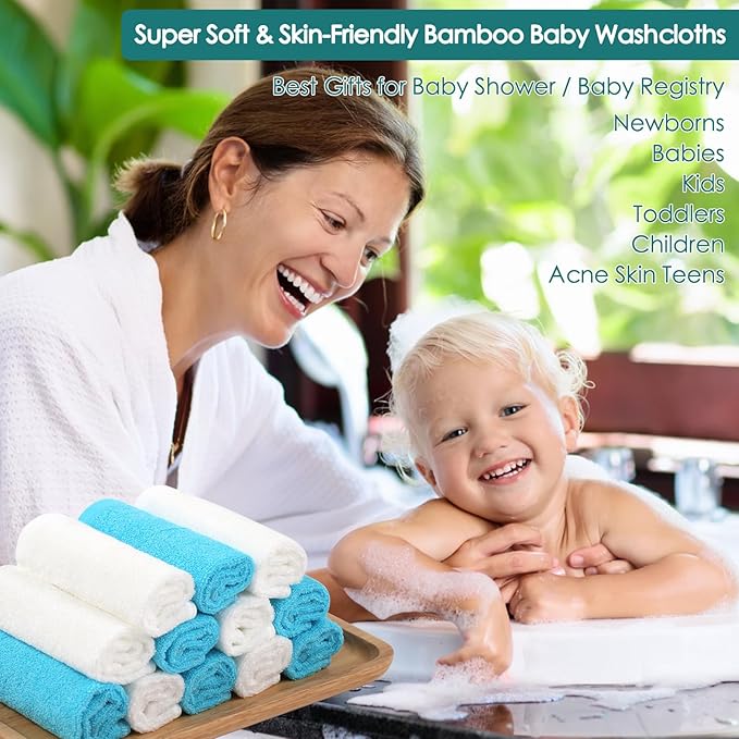 Baby Washcloths 6 Pack, 10x10 inch Heavenly Soft Blue Wash Cloths for Face and Body, Gentle & Safe Face Towels on Sensitive Skin, Baby Essentials Shower Gifts for Boy Infant Kid Toddler Children