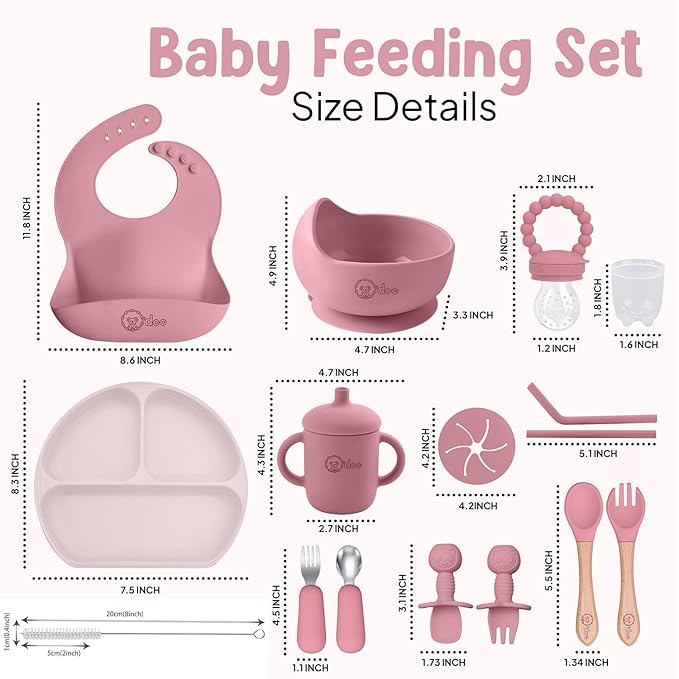 O'doe 17-Piece BPA-Free Silicone Baby Feeding Set | Thick & Soft Suction Plates, Baby Bowls, Wooden Fork & Spoon, and More | Make Mealtime Fun and Easy for Your Little One | Pink, V2