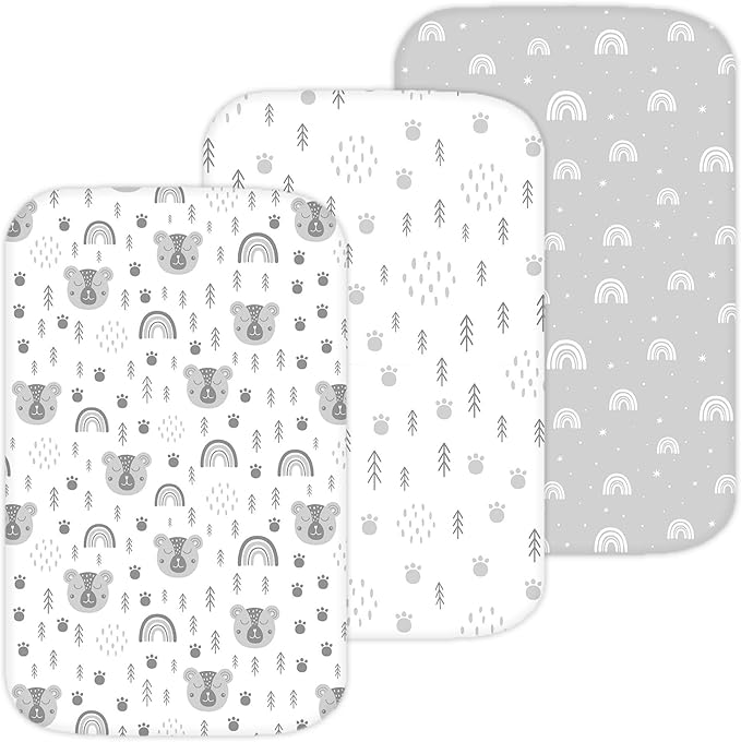 Bassinet Sheets for Angelbliss, Koolerthings, Chicco LullaGo, BCOL, Semphis Bassinet Bedside Sleeper by TansyPanda, 3PC, 33x20, Ultra Soft, Breathable, Snug Fit, Boys Girls, Gray (Woodland Rainbow)