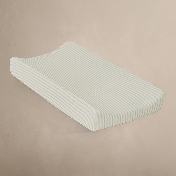 Oilo Changing Pad Cover, Breathable Organic Cotton Fitted Jersey, 300 Thread Count, Machine Wash, Fits Standard Changing Pads (32" x 16"), Heirloom Organic Collection, Sea Moss Sage Green Stripe