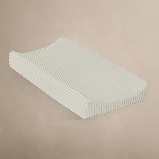 Oilo Changing Pad Cover, Breathable Organic Cotton Fitted Jersey, 300 Thread Count, Machine Wash, Fits Standard Changing Pads (32" x 16"), Heirloom Organic Collection, Sea Moss Sage Green Stripe