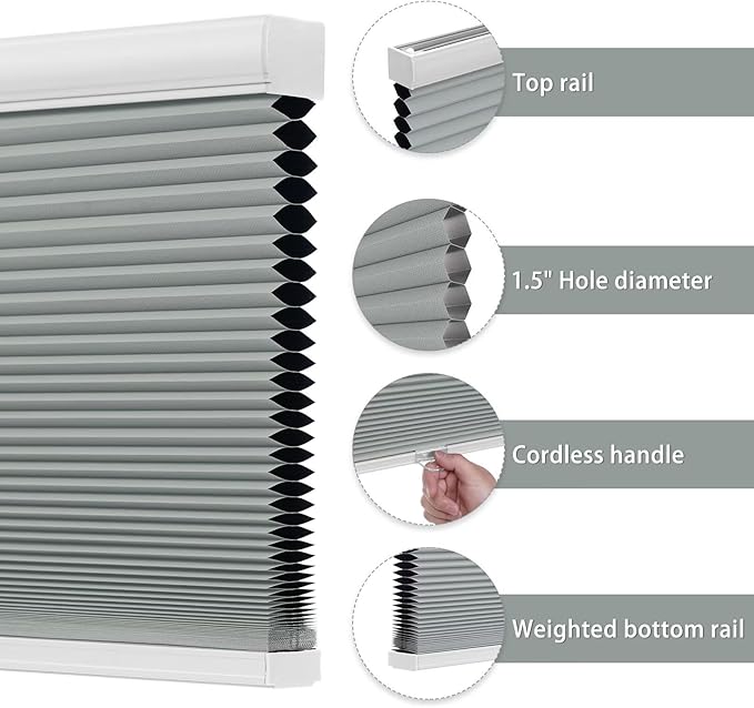 Changshade Cellular Shades Cordless Blinds Blackout for Indoor Windows, Honeycomb Blind Room Darkening Shade 1.5'' Single Cell Pleated, Easy to Install Shade Size 72" Wide x 72" Height, Grey