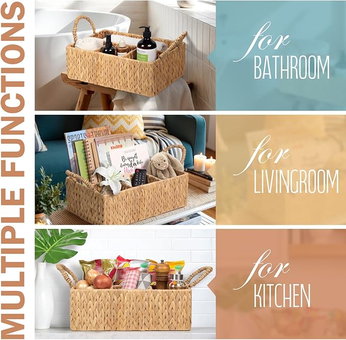Divided Water Hyacinth Baskets with Handles, Storage Basket Woven Natural for Organizing Bathroom Kitchen Shelves Office Supplies Organization, Wicker Storage Baskets 4 Section Rectangular Tray
