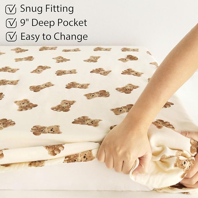 LifeTree Crib Sheets for Baby Unisex - Muslin Fitted Crib Sheets Toddler Bed Sheet, 70% Viscose from Bamboo and 30% Cotton, Fits Standard Crib, Bear, 28in x 52in