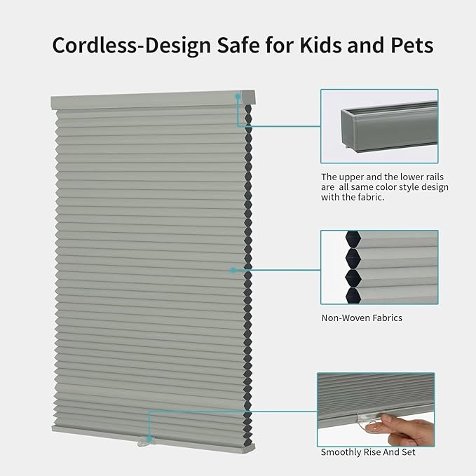 MYshade Custom Size Cellular Shades, Cordless Customized Blackout Windows Blinds for Bedroom, French Door, Bathroom, Kitchen, Camper, Room Darkening Light Control Pull Down Window Shades Grey