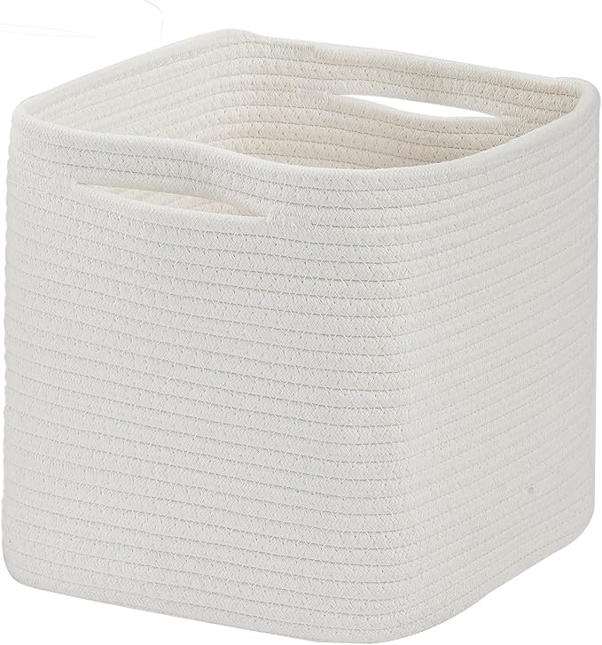 Cube Storage Bin 11" x 10.5" x 10.5" Cotton Rope Basket Square Woven Storage Basket for Shelves, Closet Organizer, Soft Towel Sock Basket, White, 1 Pack