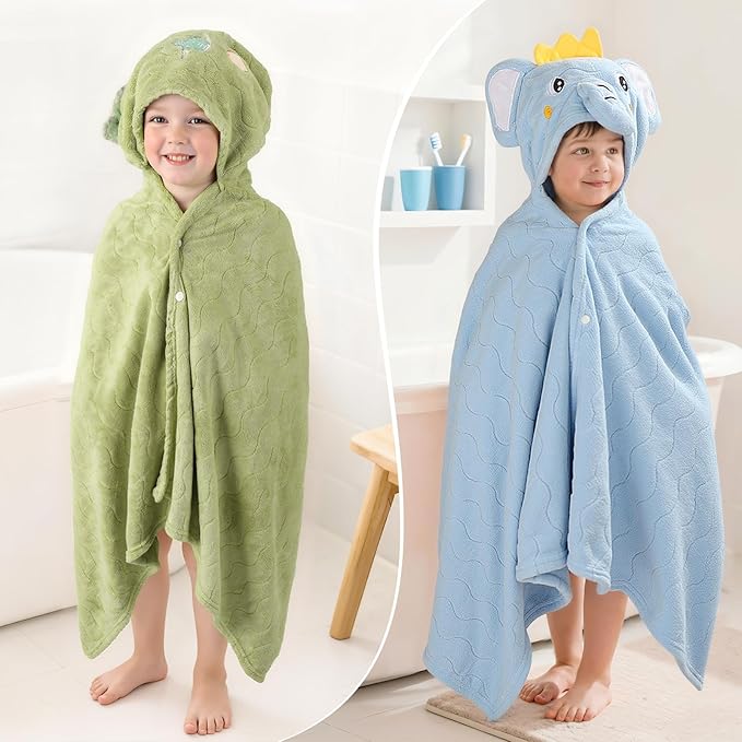 6 PCS Toddler Bath Towel Set for Boy Girl 0-5 Year, 2 PCS Thick Absorbent Hooded Baby Bath Towels Large 55" x 27.5" & 4 PCS Washcloths, Ultra Soft Gift for Infant, Toddler, Kids, Dinosaur & Elephant