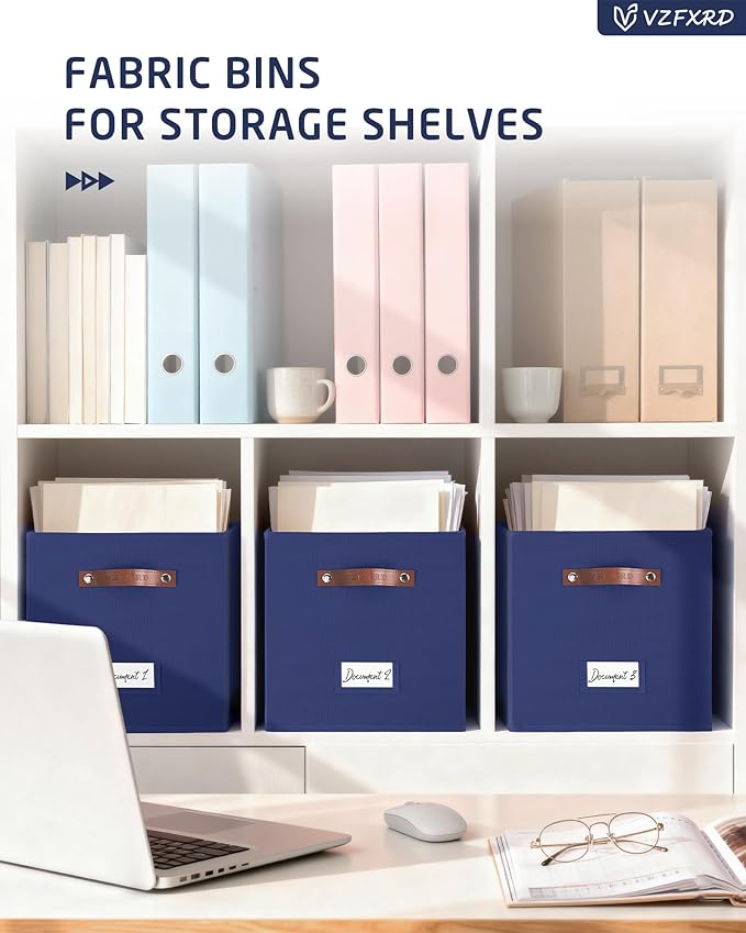 10.5 Inch Storage Cubes with Labels, 6-Pack Non-Woven Fabric Bins with Handles, Foldable Organizer for Closet, Shelf, Bedroom, Home Organization (Blue)