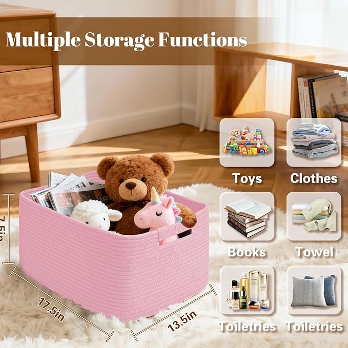 2 Pack Large Storage Basket for Organizing, 17.5"x13.5"x7.5" Woven Basket for Shelves, Closet Cube Storage Bins with Wrapped Handle, Cotton Rope Baskets for Kitchen, Clothes, Toys(Light Pink)