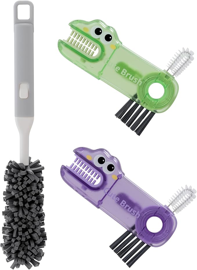 Peitushengjin Bottle Brush Cleaning Set: Includes 2 Three-in-one Portable Travel Crevice Brushes and 1 Cup Brush with Removable Handle. Ideal for Cleaning lids, Straws, and Water Bottles.