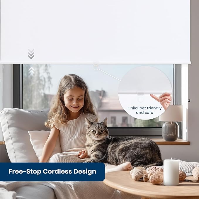 100% Blackout Roller Shades Cordless Blinds for Indoor Windows,Free-Stop Window Shades Pull Down,Thermal Insulated Fabric UV Protection,Blackout Window Guard Blinds for Home,Office,White,46" W x 72" H