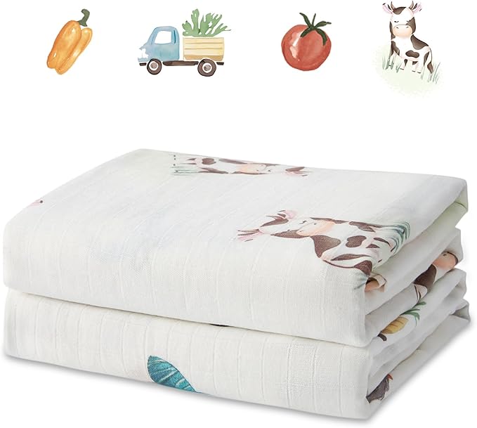 70% Rayon Made from Bamboo 30% Cotton Muslin Swaddle Blanket, 47 x 47 Inches, Cow Print Baby Receiving Blanket, Soft and Breathable, Unisex, 2 Pack