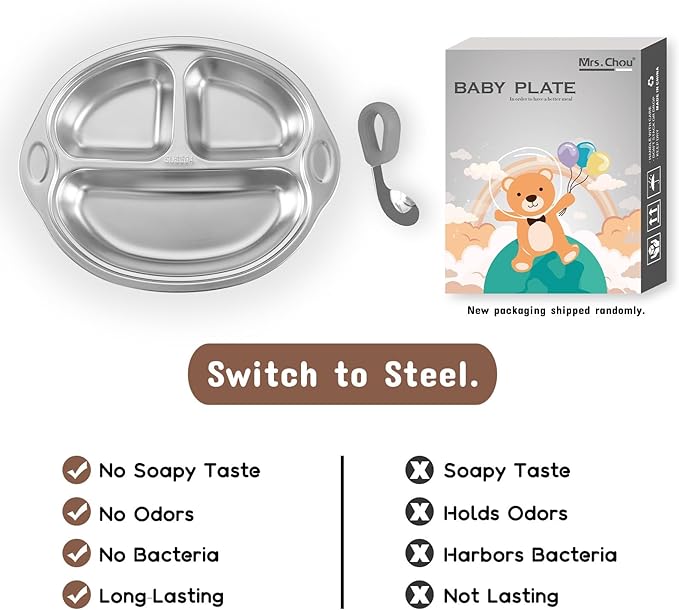 Mrs. Chou Stainless Steel Baby Suction Plates: Divided Plates for Babies and Toddlers, Made of 100% Food-Grade Materials Ideal for Baby-Led Weaning BPA-Free Toddler Feeding Dishwasher Safe Gray