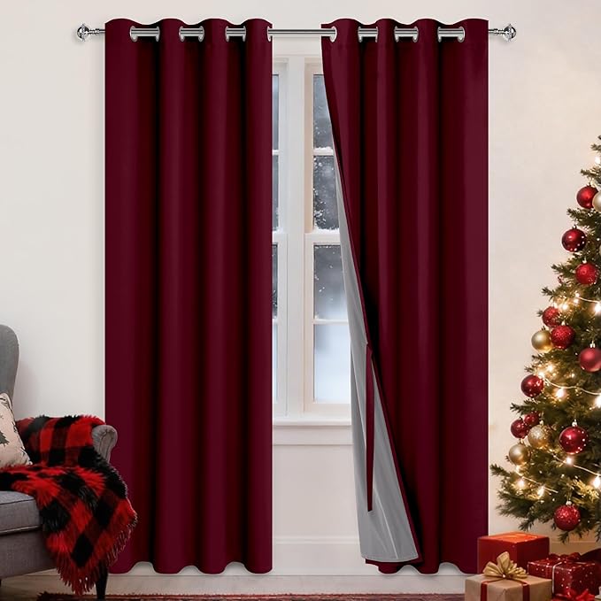 XWZO 100% Blackout Curtains with Tiebacks- 2 Thick Layers Completely Shaded Window Treatment Thermal Insulated Lined Drapes with Grommets for Bedroom/Patio Door, Burgundy, W52 x L84, Set of 2 Panels