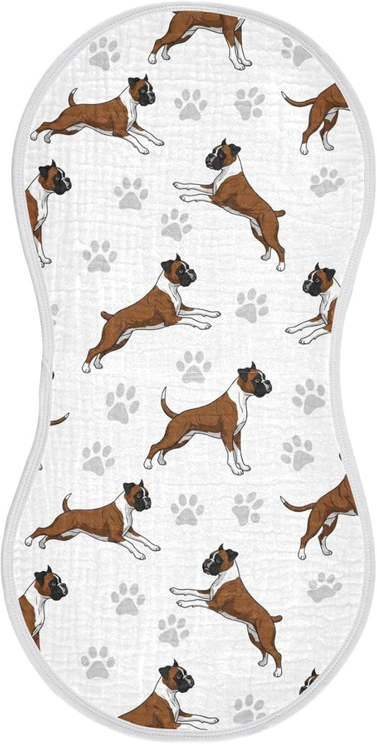 Qinllo 1 Pack Muslin Burp Cloths Boxer Dogs White Cotton Baby Burp Cloths Ultra Absorbent and Soft Thick Burping Cloth for Newborn Babies Boys Girls 22x11 Inch