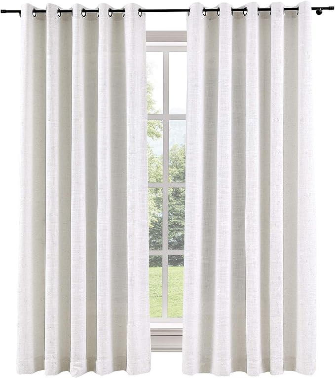 ChadMade 50W x 84L Inch Beige White Faux Linen Curtain Drapes with Blackout Thermal Lining, Room Darkening Antique Bronze Grommet Curtain for Sliding Glass Door Patio Door Living Room (1 Panel)
